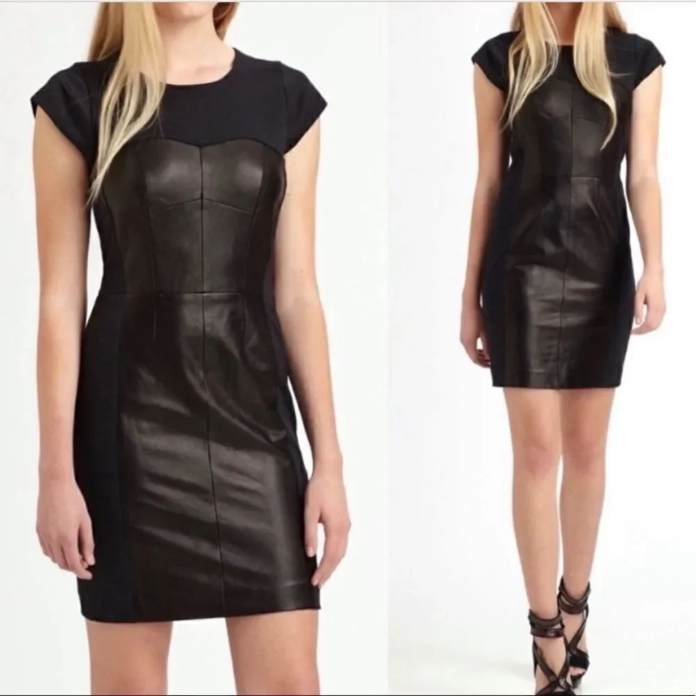 Rebecca Taylor Womens Black Leather Bustier Sheath Dress